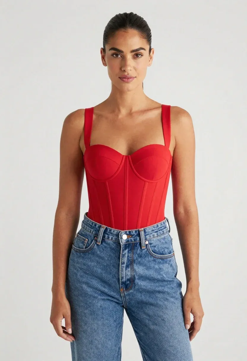 Confident Woman Stands Studio Setting Wearing Red Corset Top And