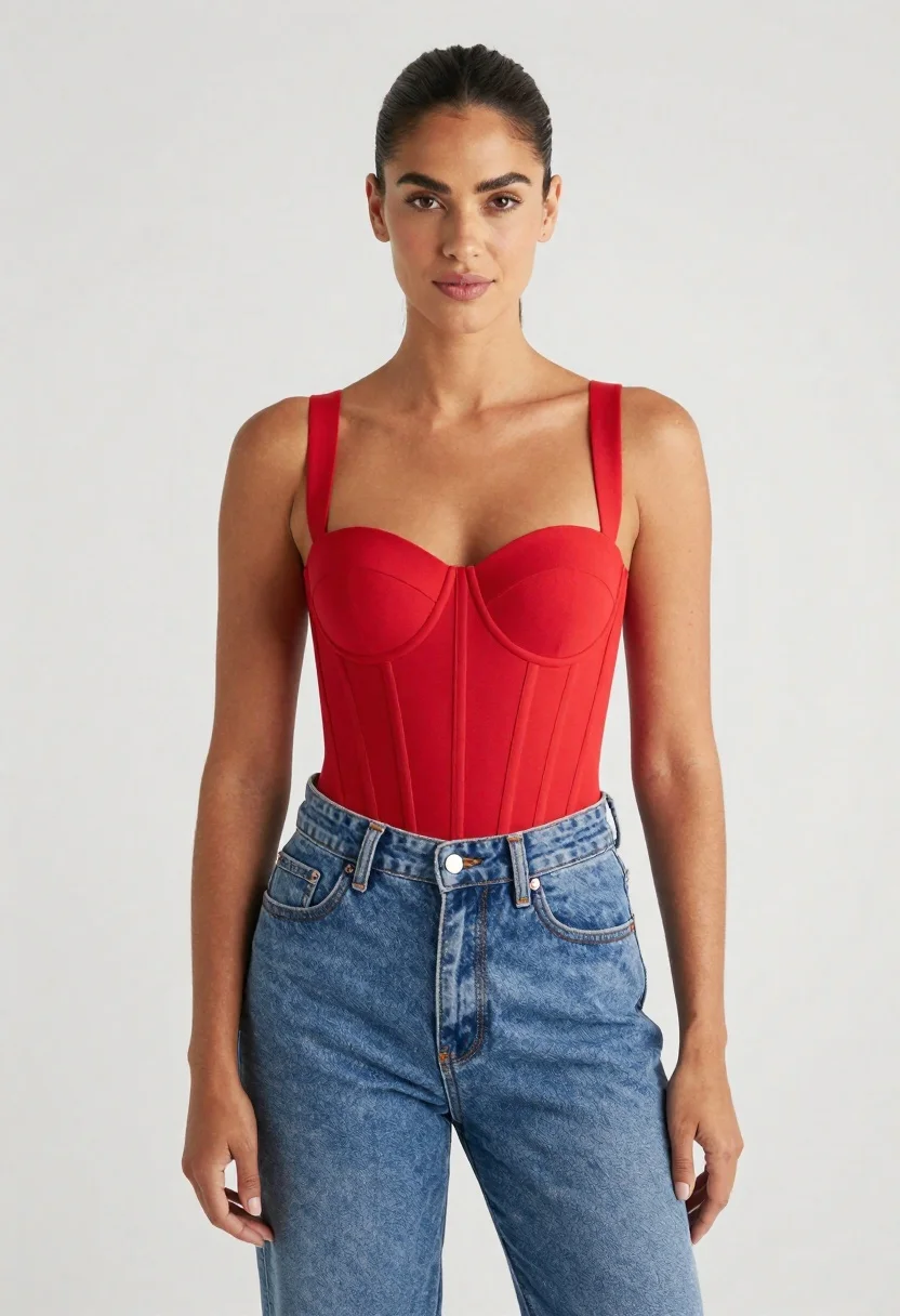 A confident woman stands in a studio setting wearing a red corset top and blue jeans, illuminated by bright diffused lighting.