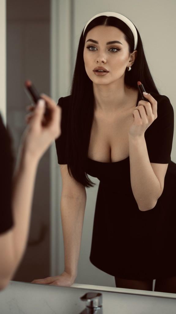 Mirror Reflection Of Woman Applying Lipstick
