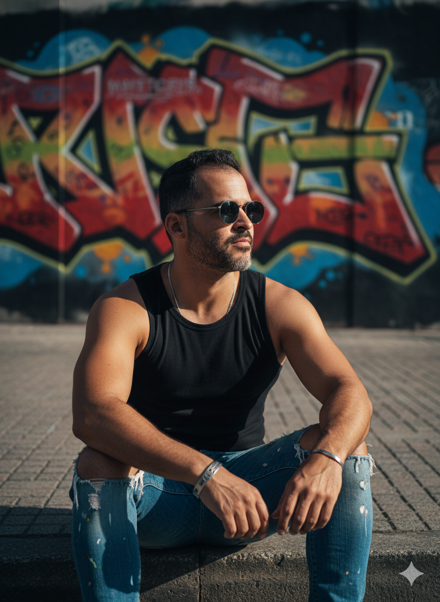 Homem moderno sentado em calçada, vestindo regata preta e jeans rasgado, com muro grafitado ao fundo.