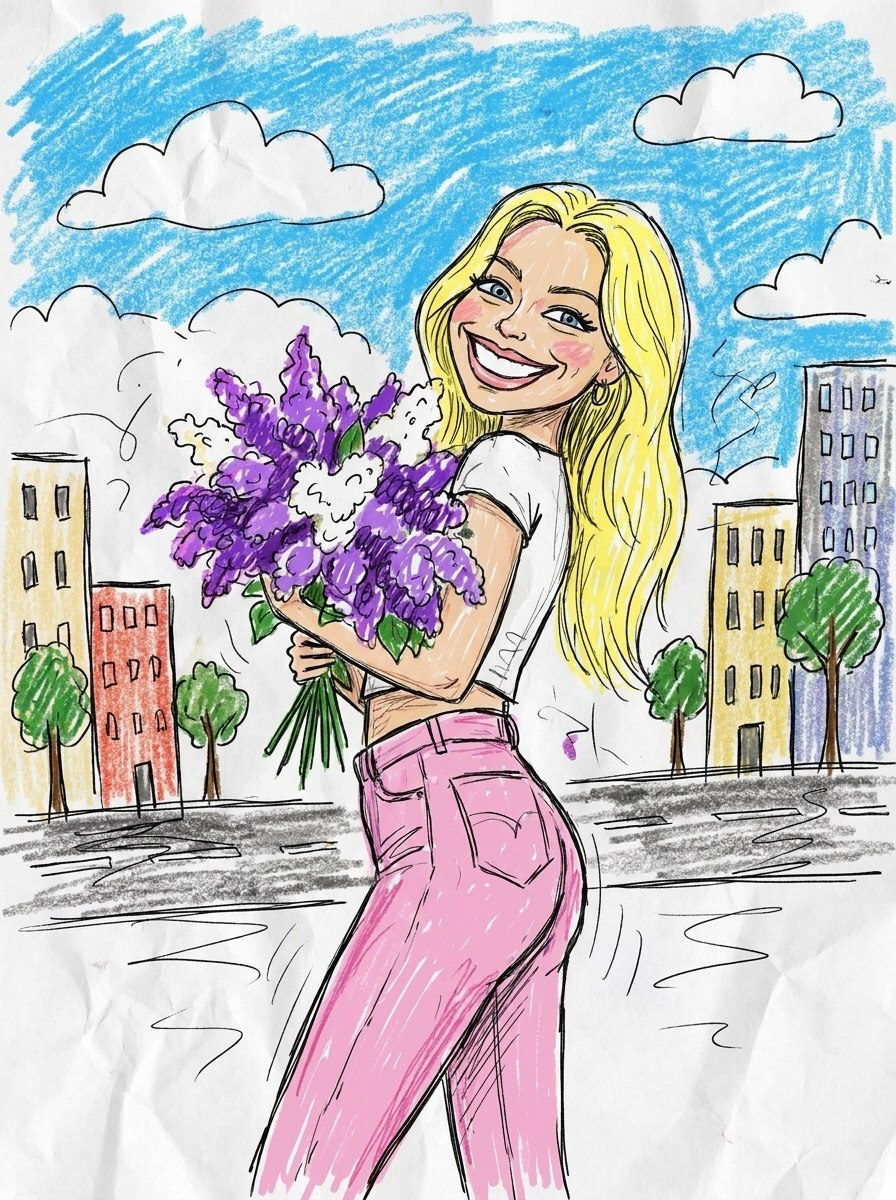 A humorous doodle drawing featuring exaggerated facial features in a messy style with a cartoonish background.