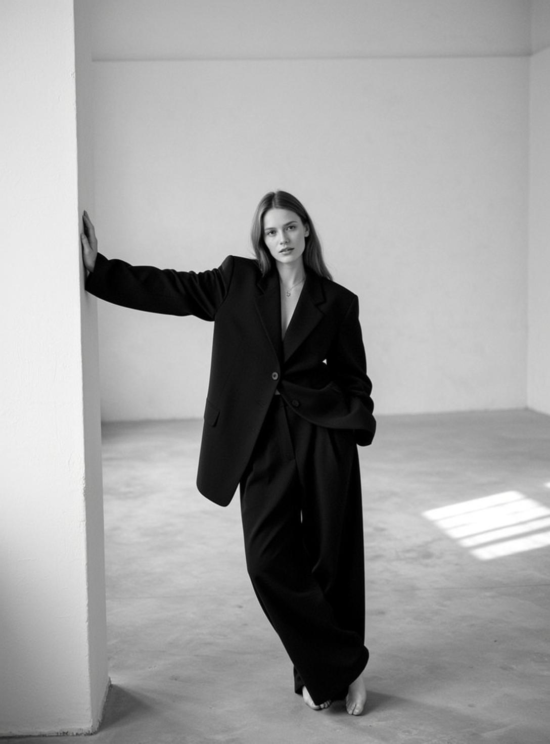 Full-body Vertical Black And White Photograph Captures Young Woman With