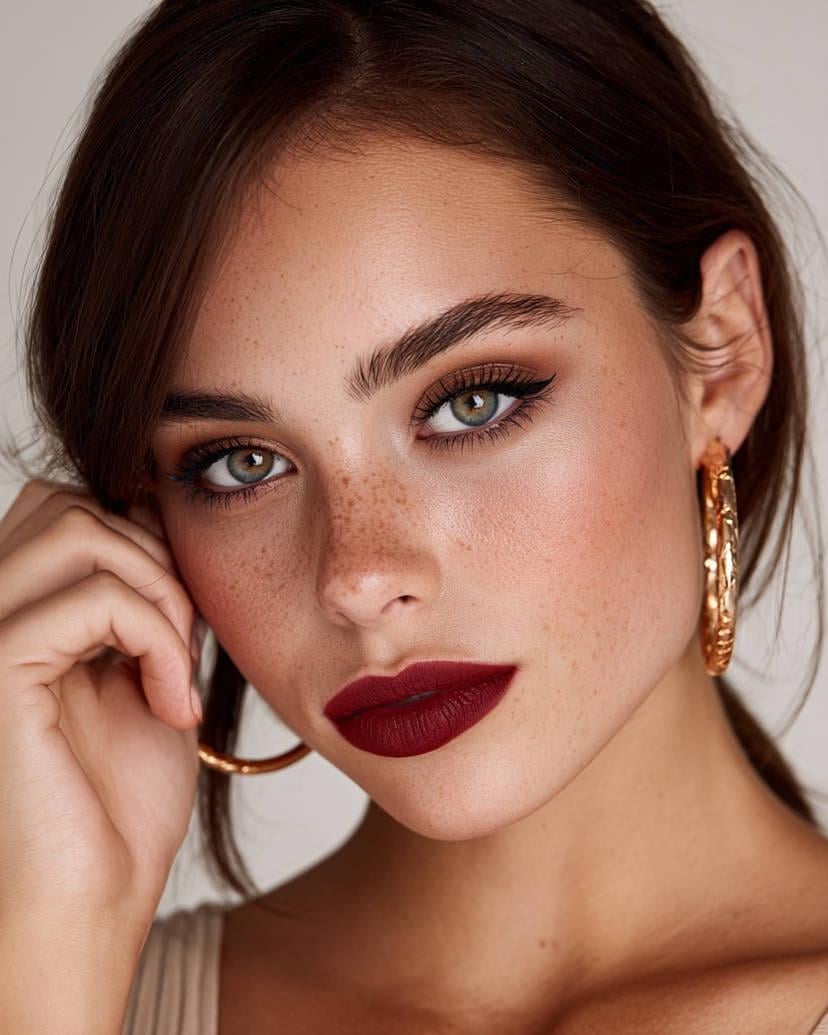 Freckled Face Burgundy Lipstick Gold Hoop Earrings