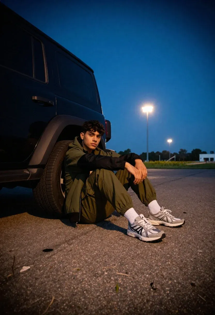 Young Man Sits Casually The Asphalt Next Black Suv Dusk