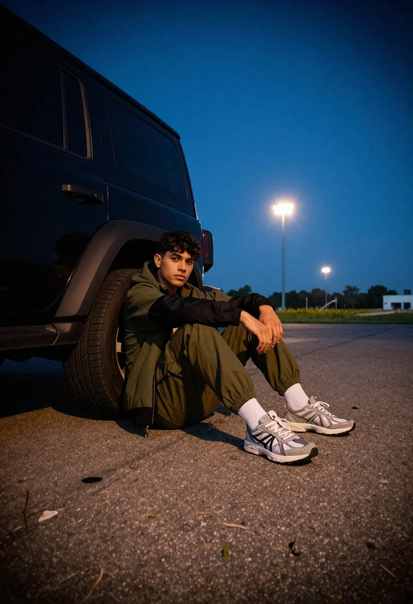Young Man Sits Casually The Asphalt Next Black Suv Dusk