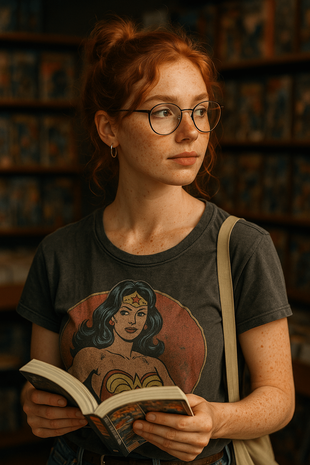 Glasses And Wonder Woman Shirt Reading In Library
