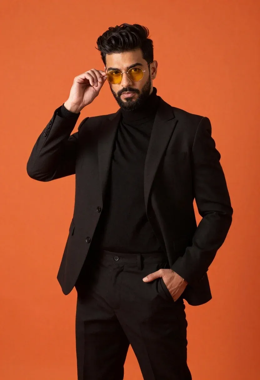 Studio Portrait Confident Man Sharp Fashion Pose Against Solid Orange