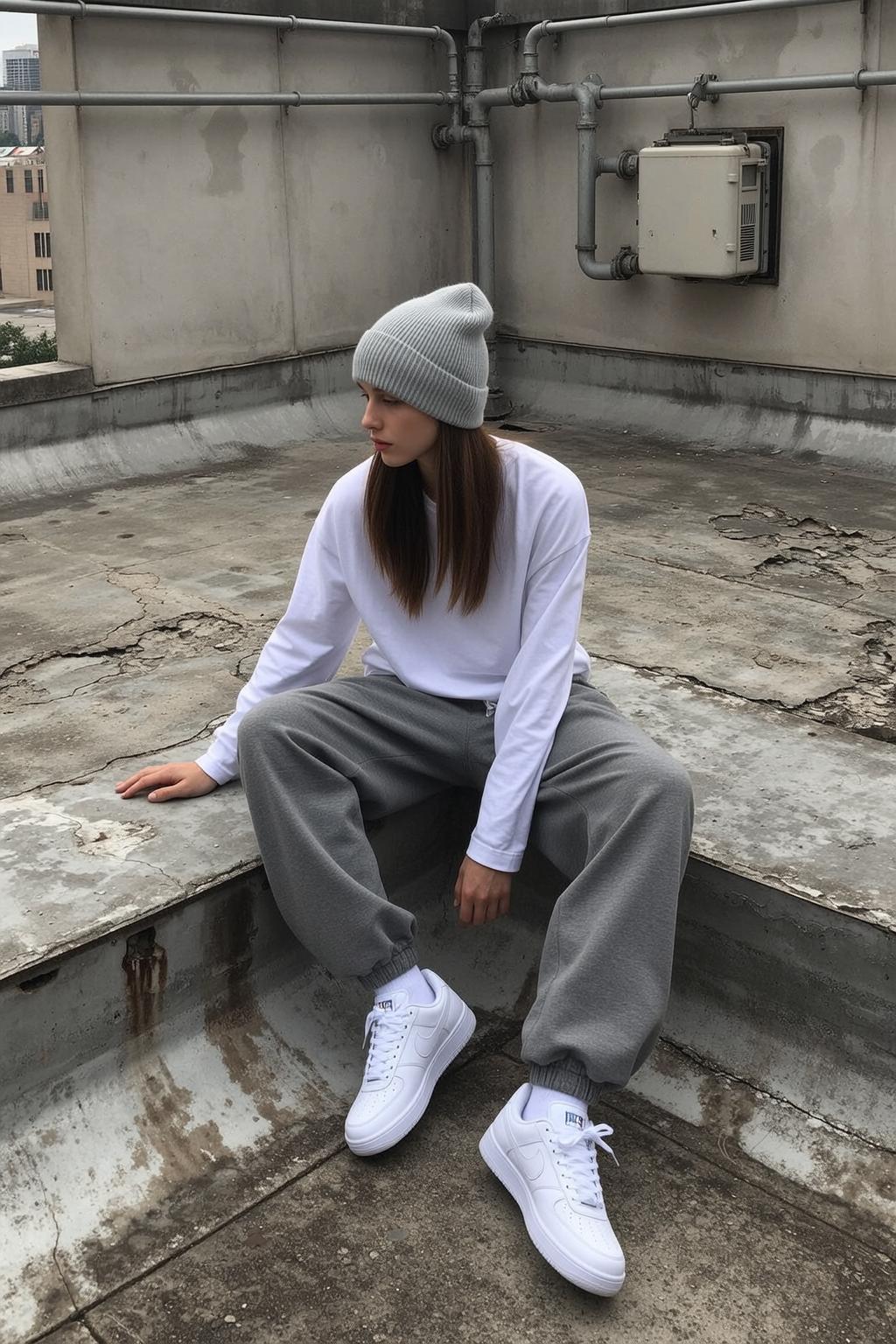 Explore Seated Concrete Ledge Her Body Angled