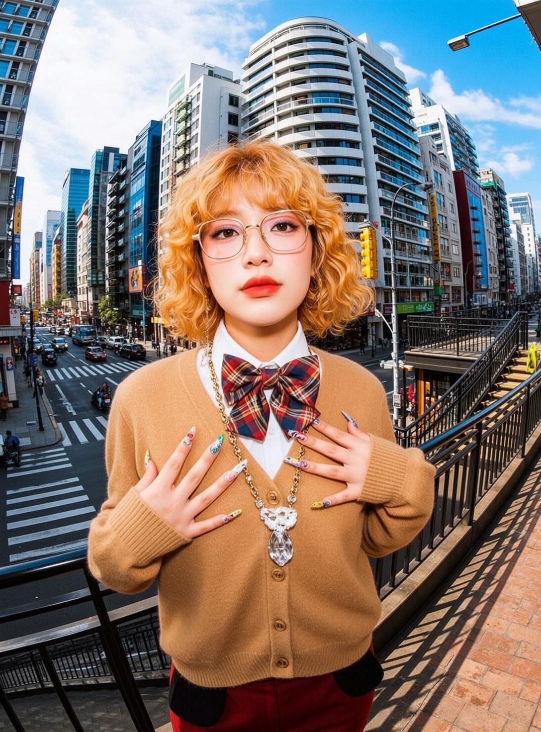 Blonde Curly Hair Woman Gold Glasses Red Pants City Street