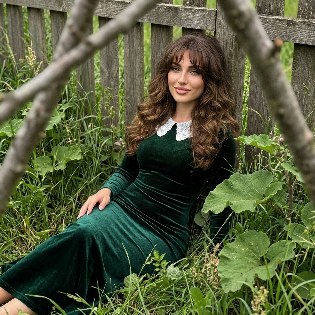 A girl dressed in a green velvet dress leaning against a wooden fence, surrounded by tall grass and blurred tree branches.