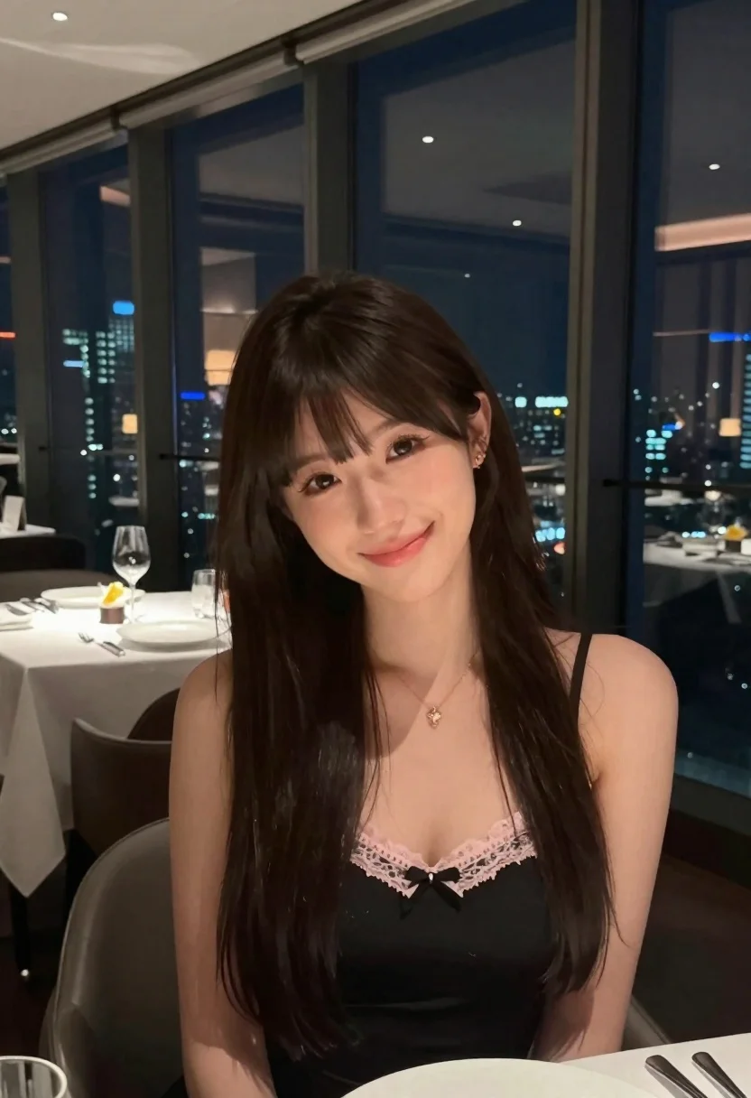 Young Woman With Long Dark Hair And Bangs Smiles Warmly reference photo