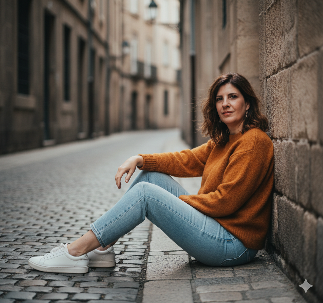 Woman sitting relaxed on cobblestone street in mustard sweater and jeans, soft afternoon light.