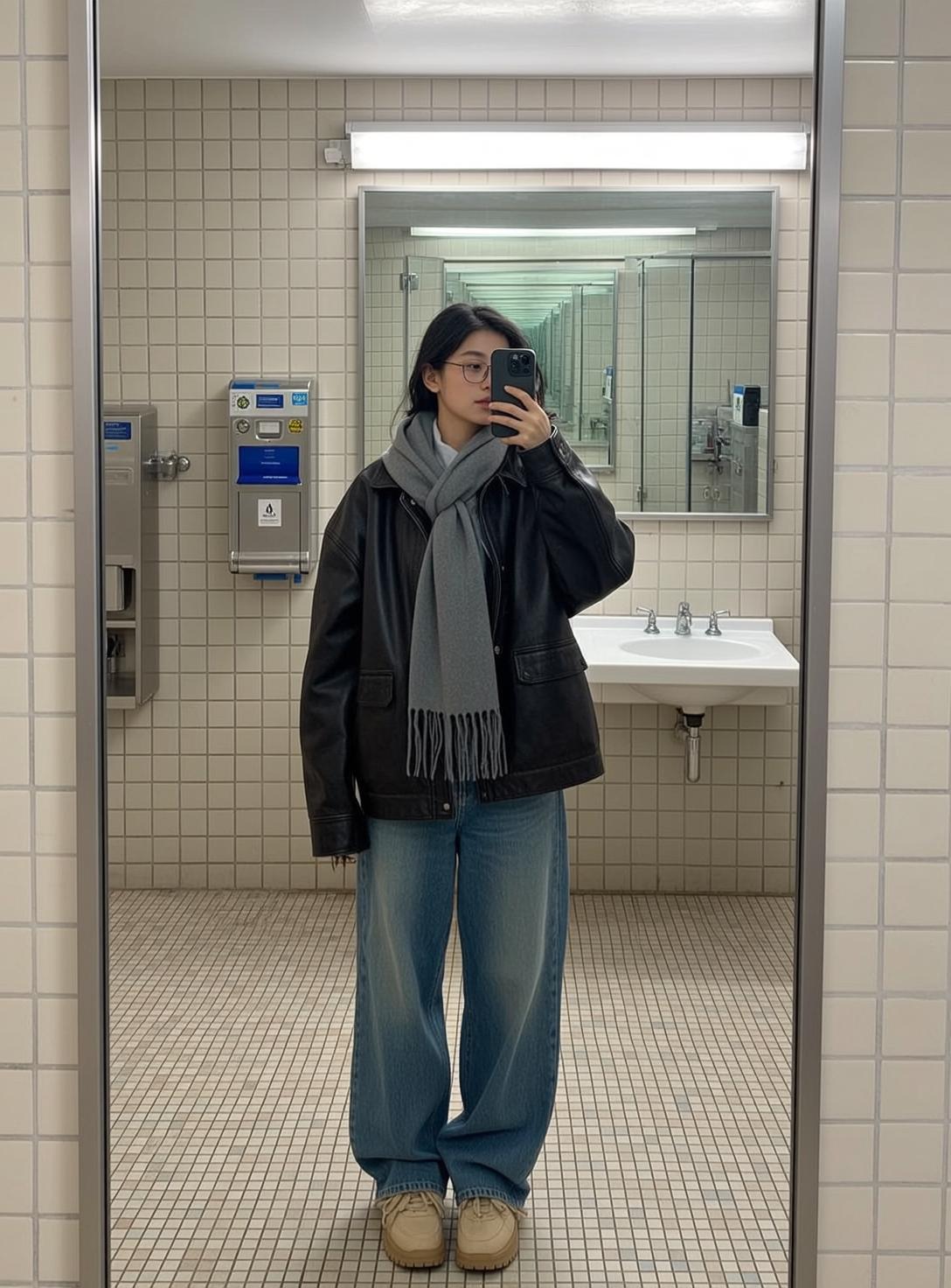 Leather Jacket Restroom Mirror Selfie