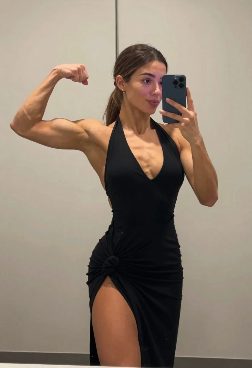 Muscular Woman Takes Mirror Selfie While Flexing Her Bicep Subject reference photo