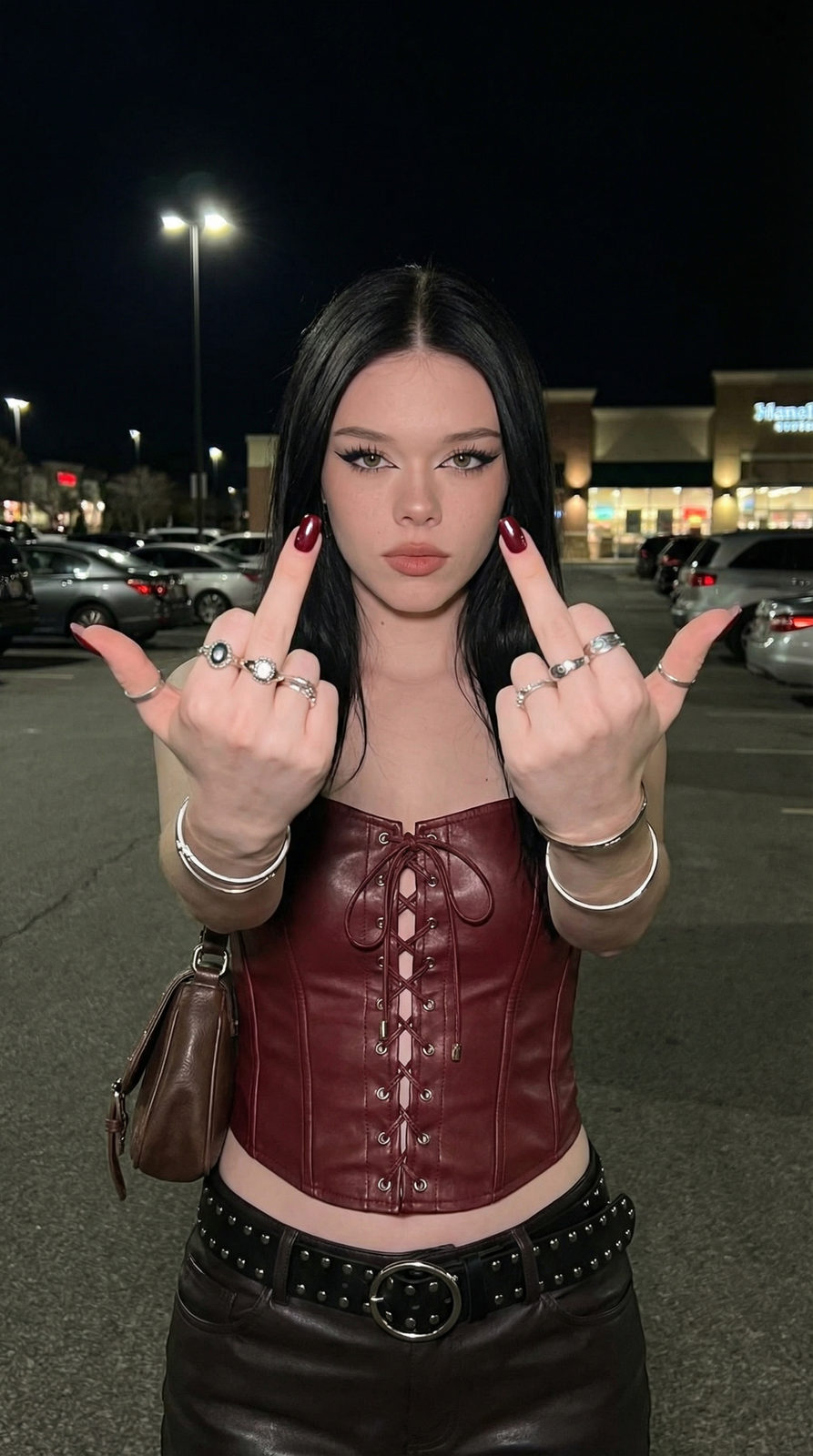 A striking portrait featuring a model wearing a red leather jacket against a neutral background.