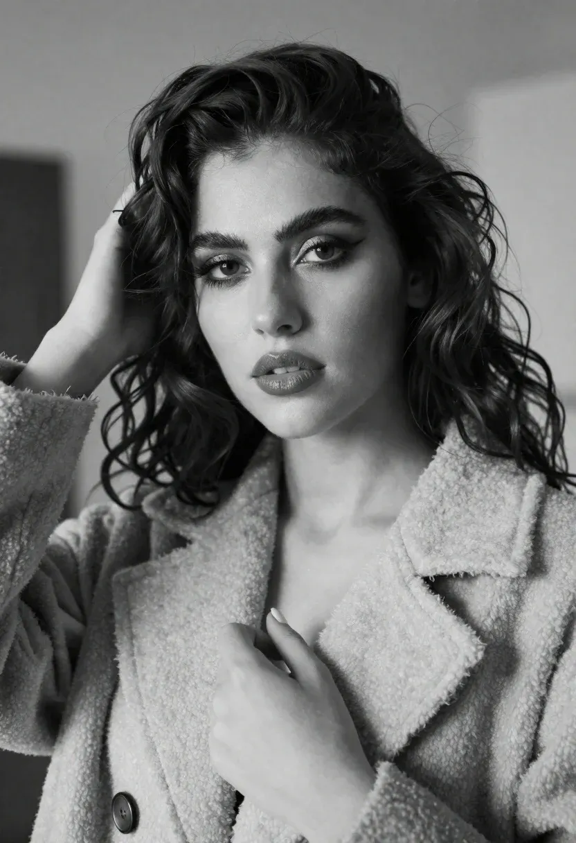 Close-up Black And White Portrait Woman With Wavy Dark Hair