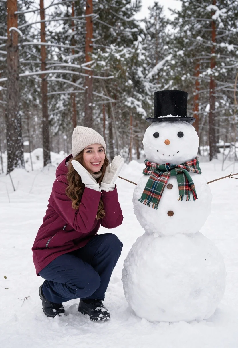 Smiling Young Woman Crouching Deep Snow Next Decorated Snowman Subject