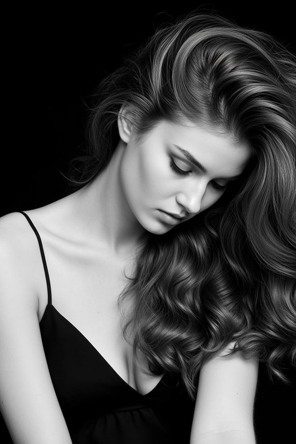 Photorealistic Black And White Portrait Shows Young Woman With Long