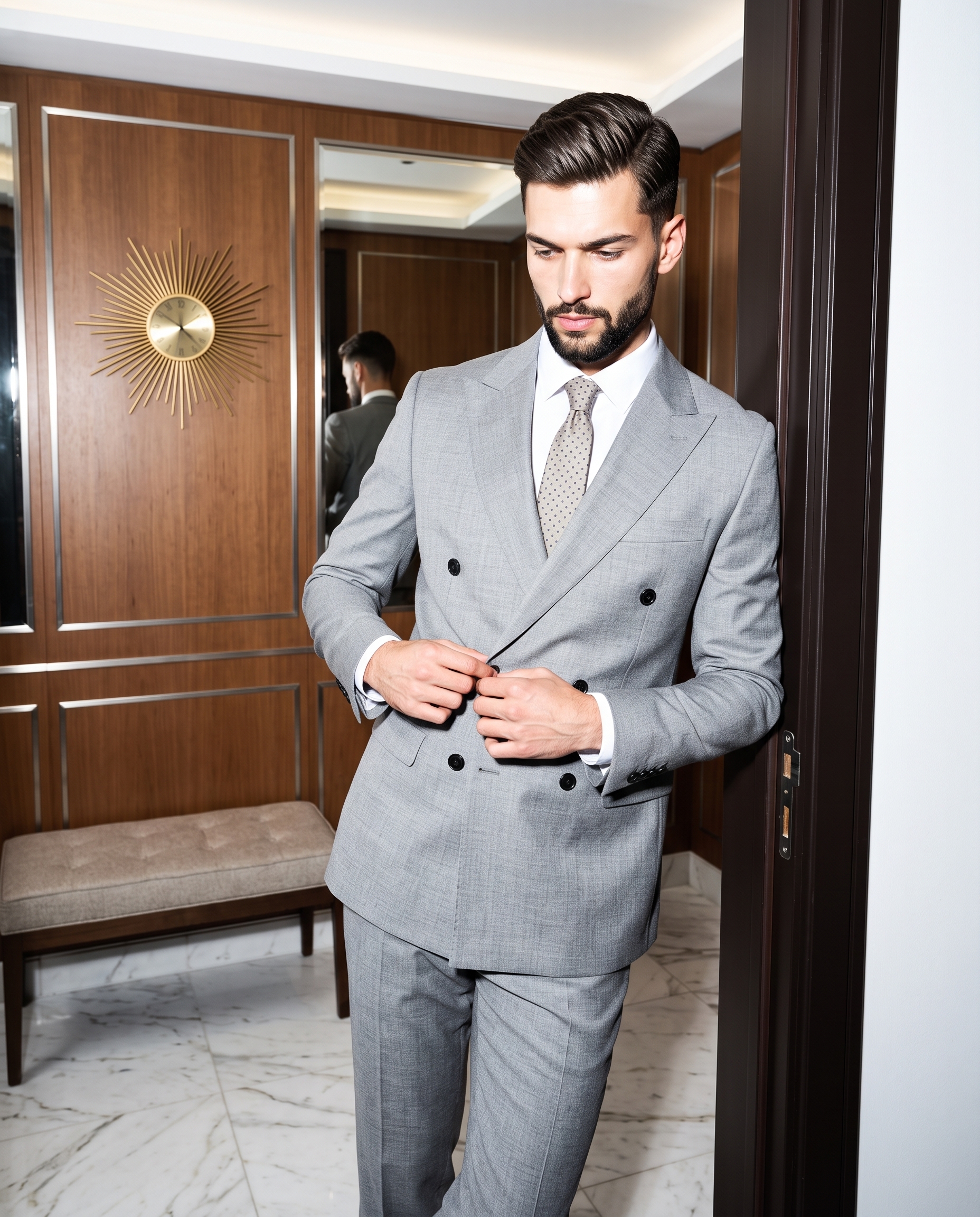 A stylish handsome man in a grey double-breasted suit, leaning against a dark espresso doorframe, showcasing sharp grooming and poised elegance.