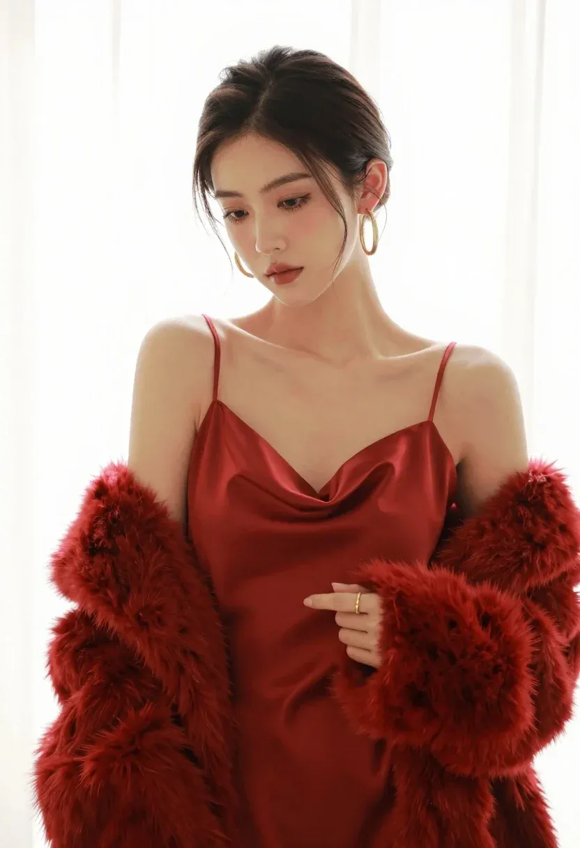 Woman With Dark Hair Styled Sleek Updo Gazes Downward With