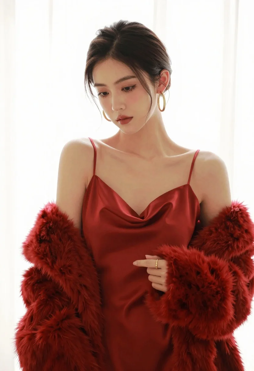 Woman With Dark Hair Styled Sleek Updo Gazes Downward With reference photo