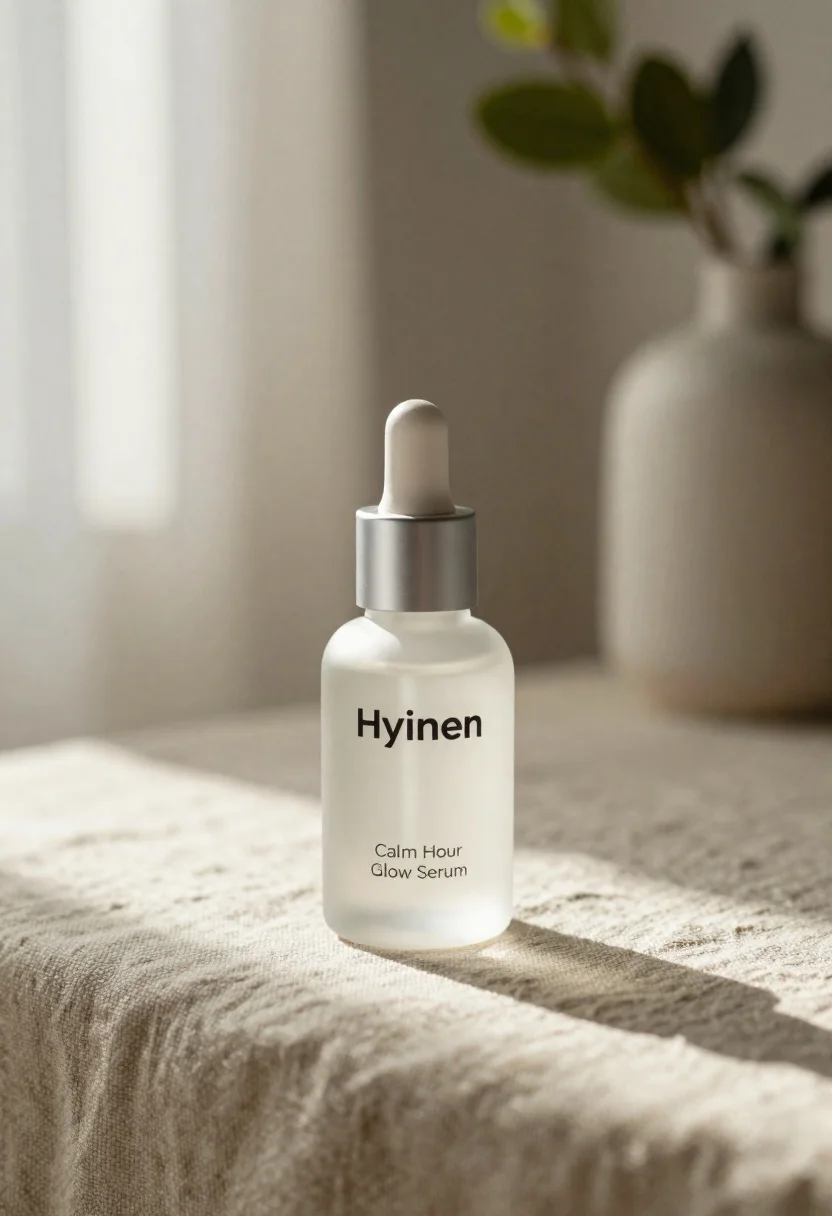 A close-up of a frosted glass skincare serum bottle on a beige linen cloth, softly illuminated with natural sunlight.
