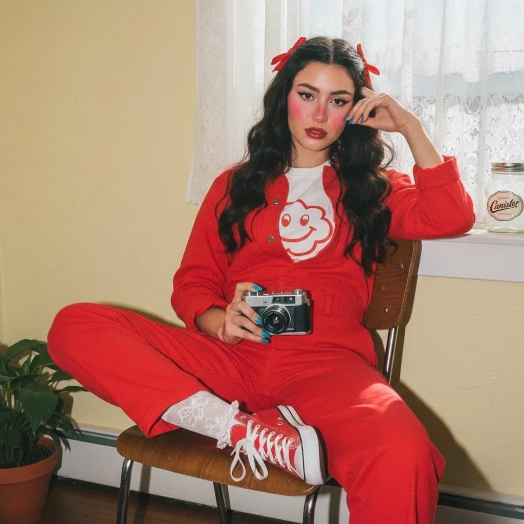 Retro Woman Red Jumpsuit Wooden Chair