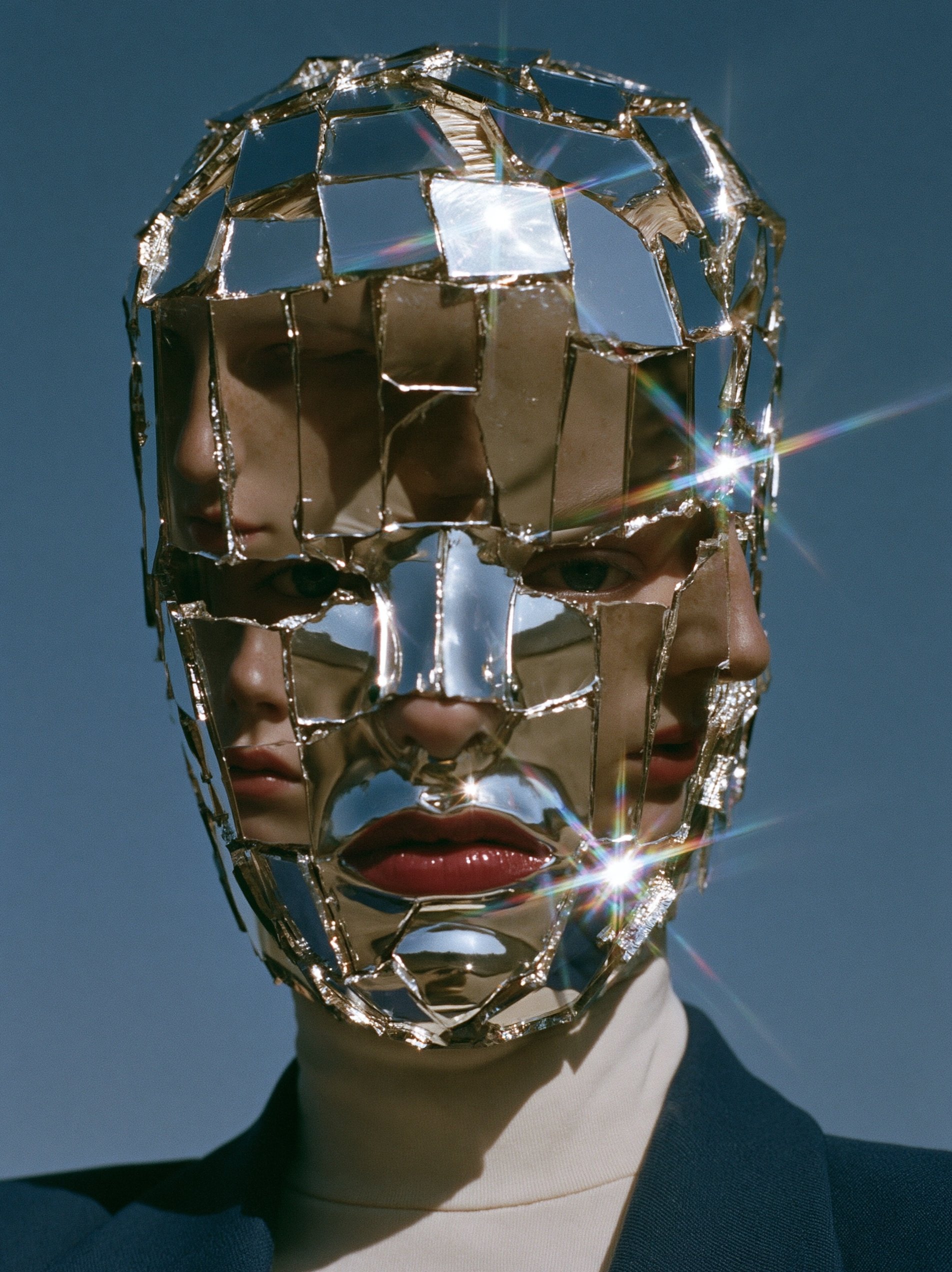 Woman wearing a mirrored mask reflecting a bright blue sky and red lipstick under a navy blazer.