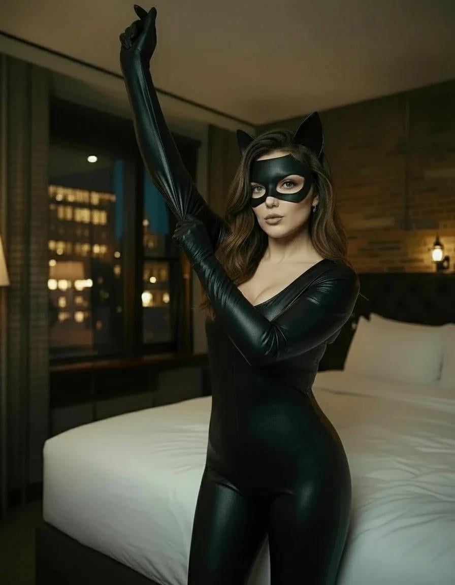 Is Dressed In Sleek Form Fitting Black Latex