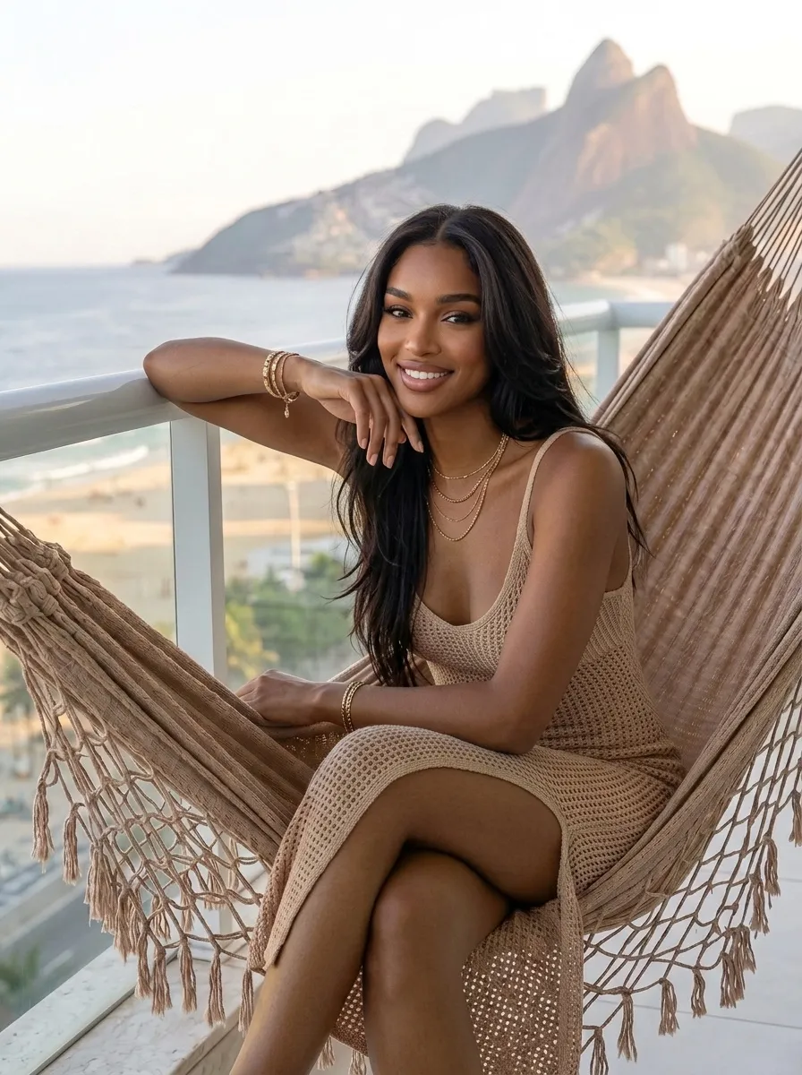 Beige Dress On Balcony At Sunset