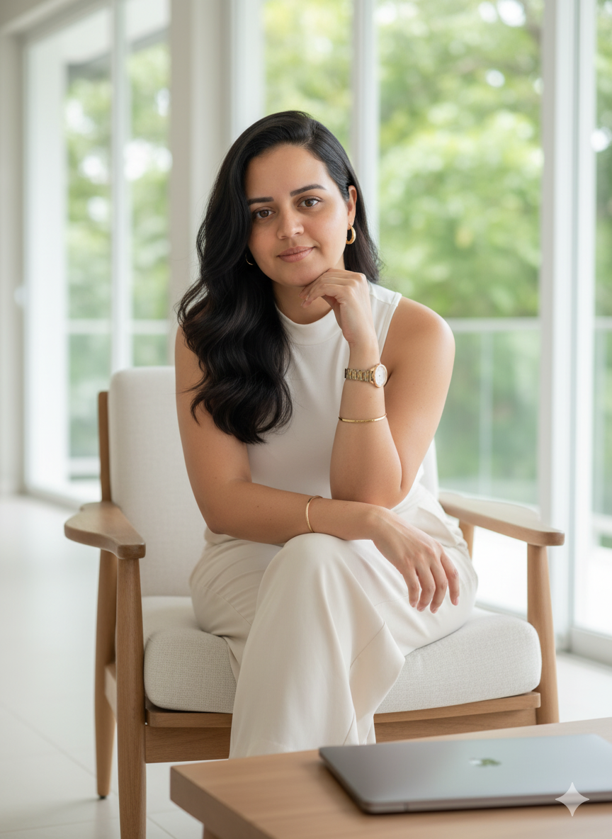 Retrato de mulher de negócios sentada em ambiente moderno, usando blusa branca e calça bege clara, com sorriso confiante.