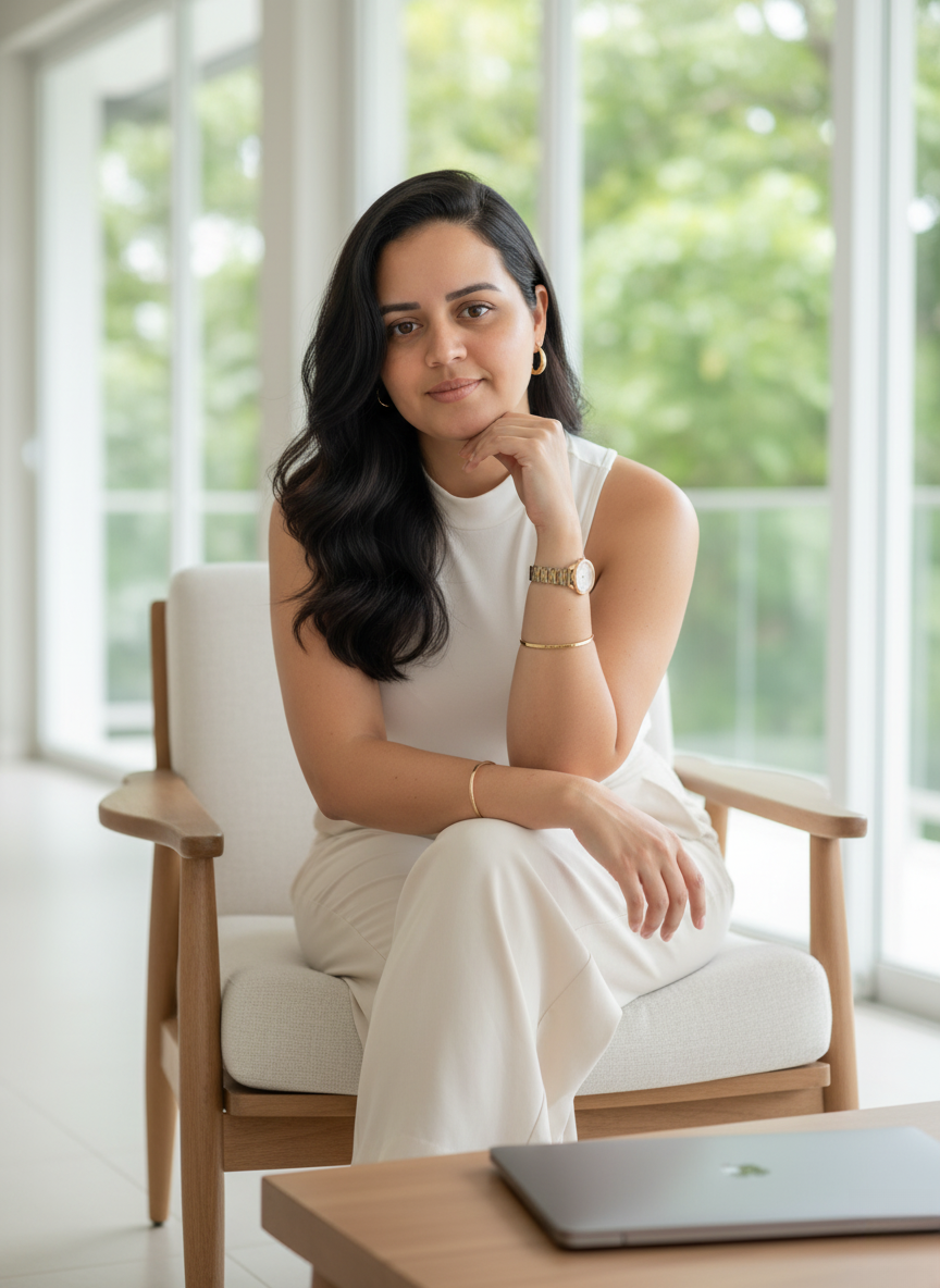 Retrato de mulher de negócios sentada em ambiente moderno, usando blusa branca e calça bege clara, com sorriso confiante.