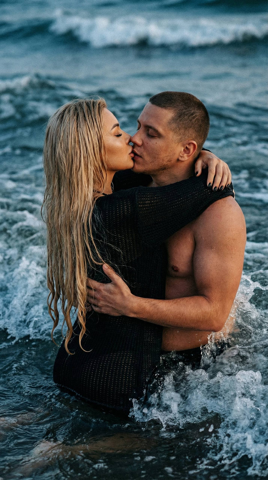 A hyper-realistic portrait of a couple kissing in navy blue water, with their wet skin glistening under soft light.