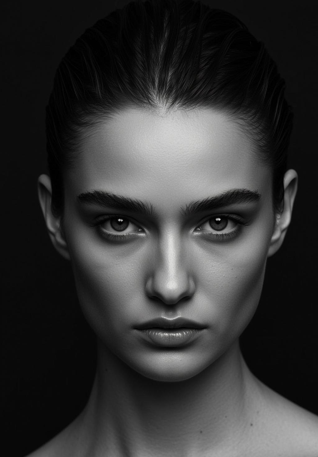 Photorealistic High-contrast Black And White Portrait Young Woman Facing Directly