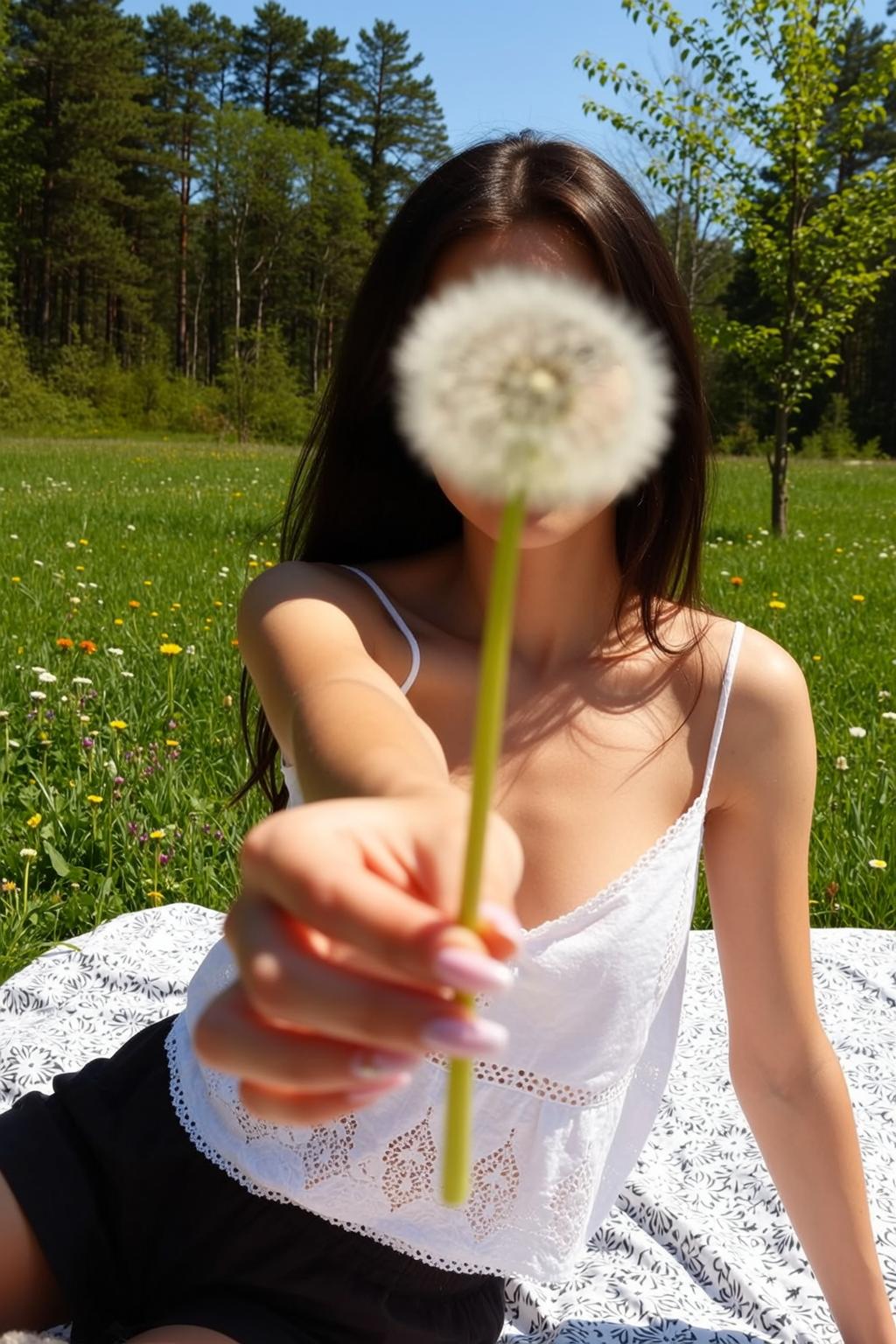 Explore Young Seated Outdoors Holding Dandelion Her