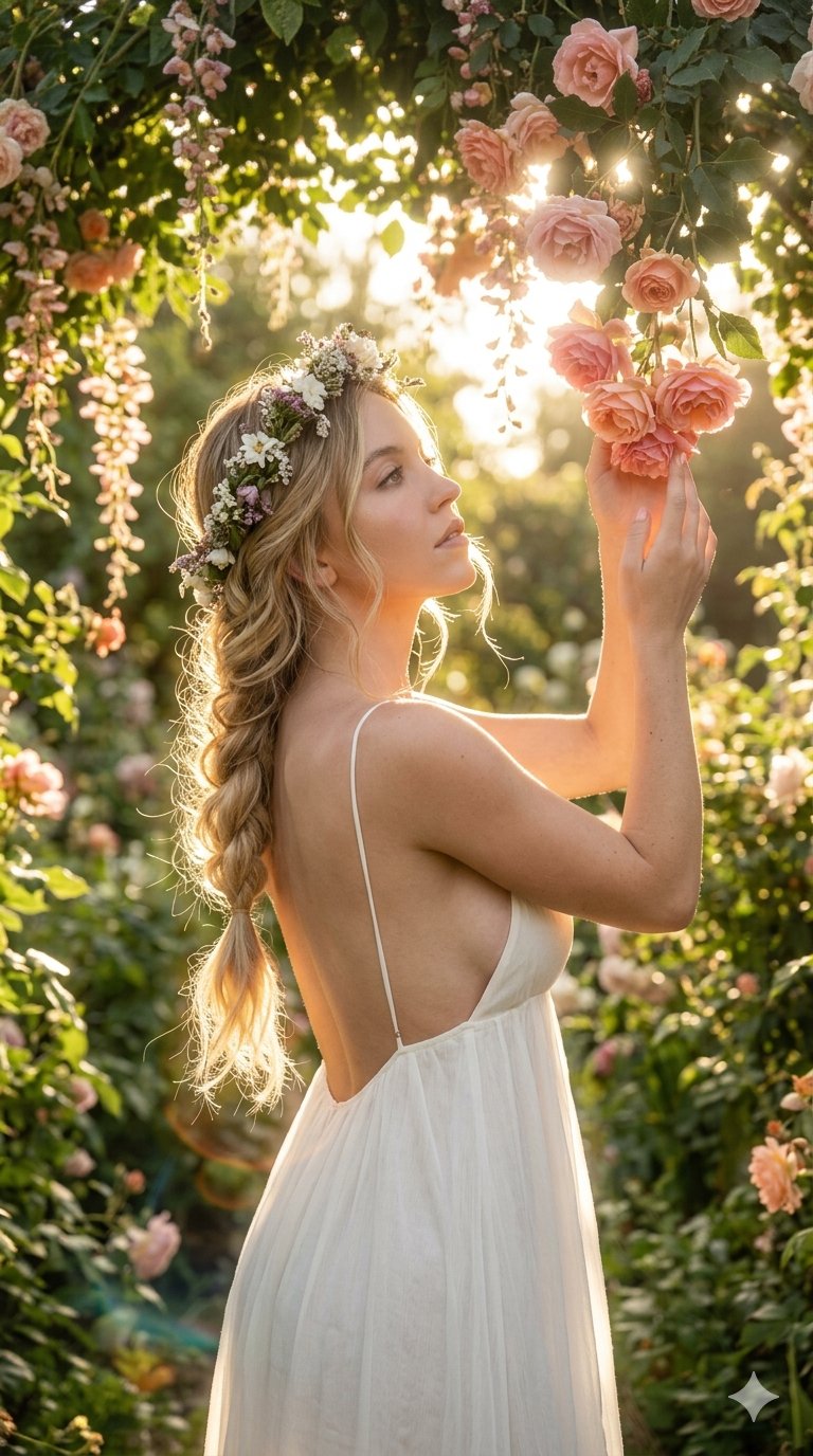 Garden Floral Crown Maxi Dress Rose Archway Golden Hour
