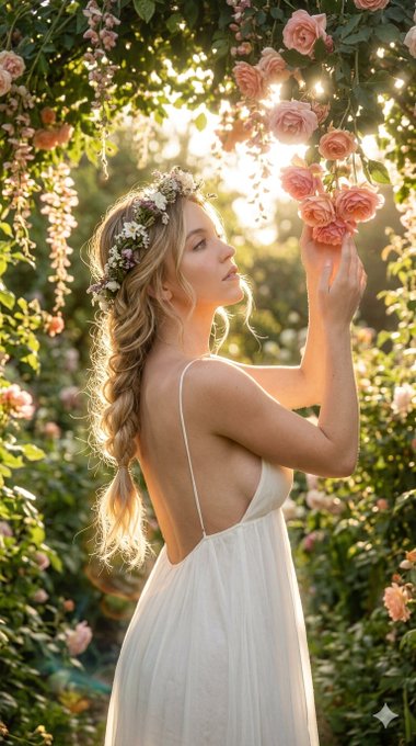 Woman in a white maxi dress stands in a garden, touching pink roses under a floral crown, with sunlight streaming through.