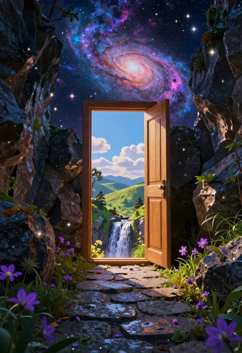 Surreal Fantasy Landscape Featuring Large Wooden Door Standing Upright The