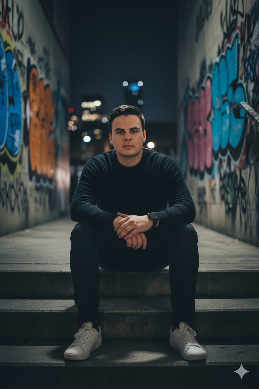 A clean-shaven man in a black long-sleeve shirt sits on concrete steps at night, surrounded by graffiti, framed by soft directional lighting.