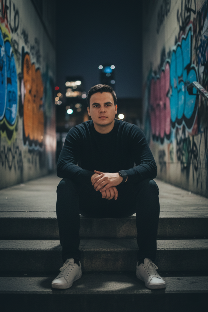 A clean-shaven man in a black long-sleeve shirt sits on concrete steps at night, surrounded by graffiti, framed by soft directional lighting.