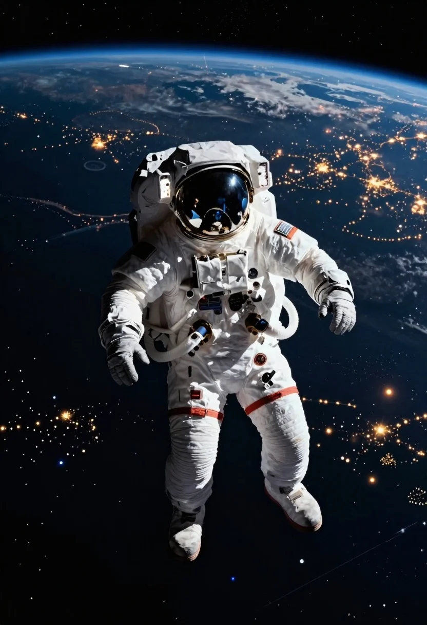 Cinematic Wide Shot Astronaut Floating Outer Space With Earth Glowing reference photo