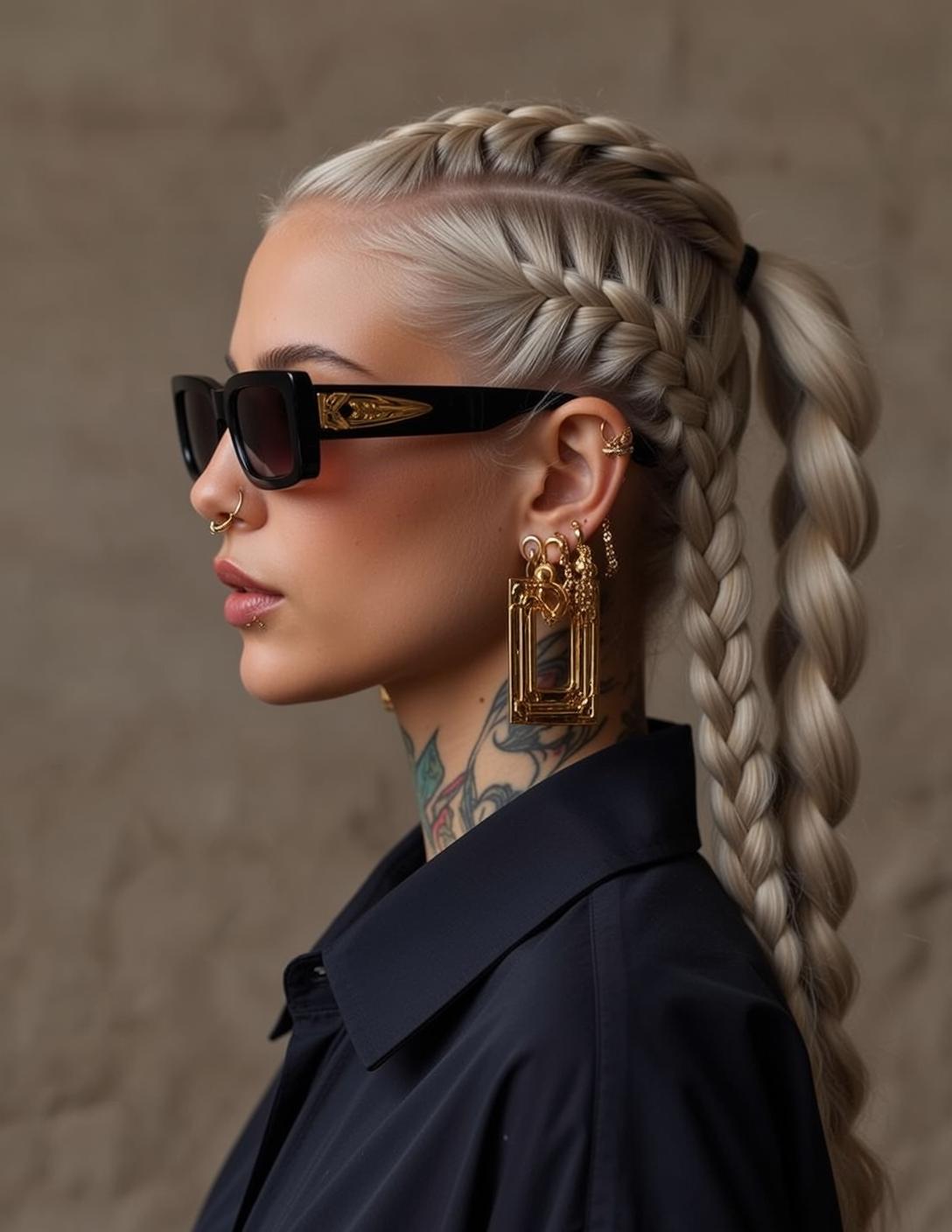 Platinum Blonde Woman Black Shirt Gold Jewelry