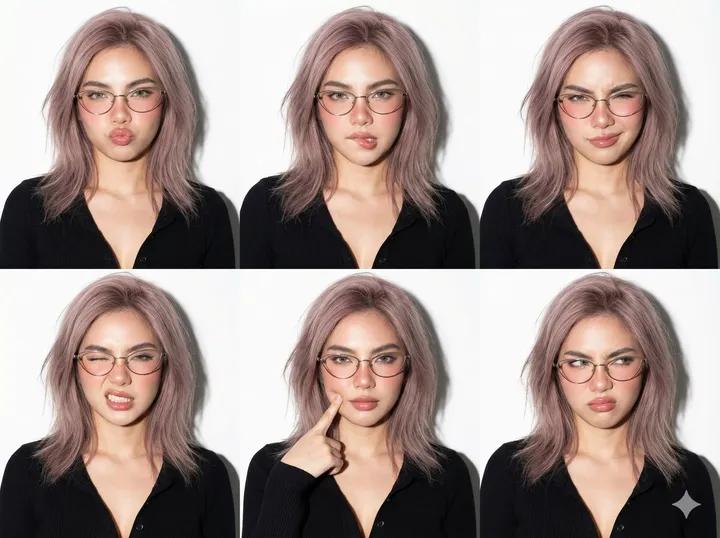 A grid of quirky expressive headshots showcasing a woman in ribbed knit, thin glasses, and various facial expressions against a white background.