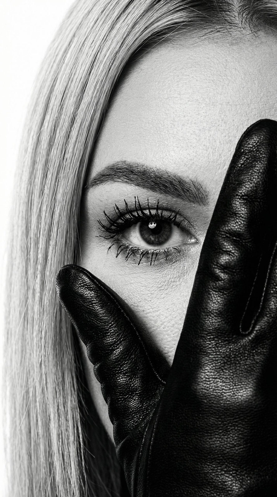 Ultra-realistic close-up of a woman's eye with mascara-coated lashes, half her face covered by a leather glove.