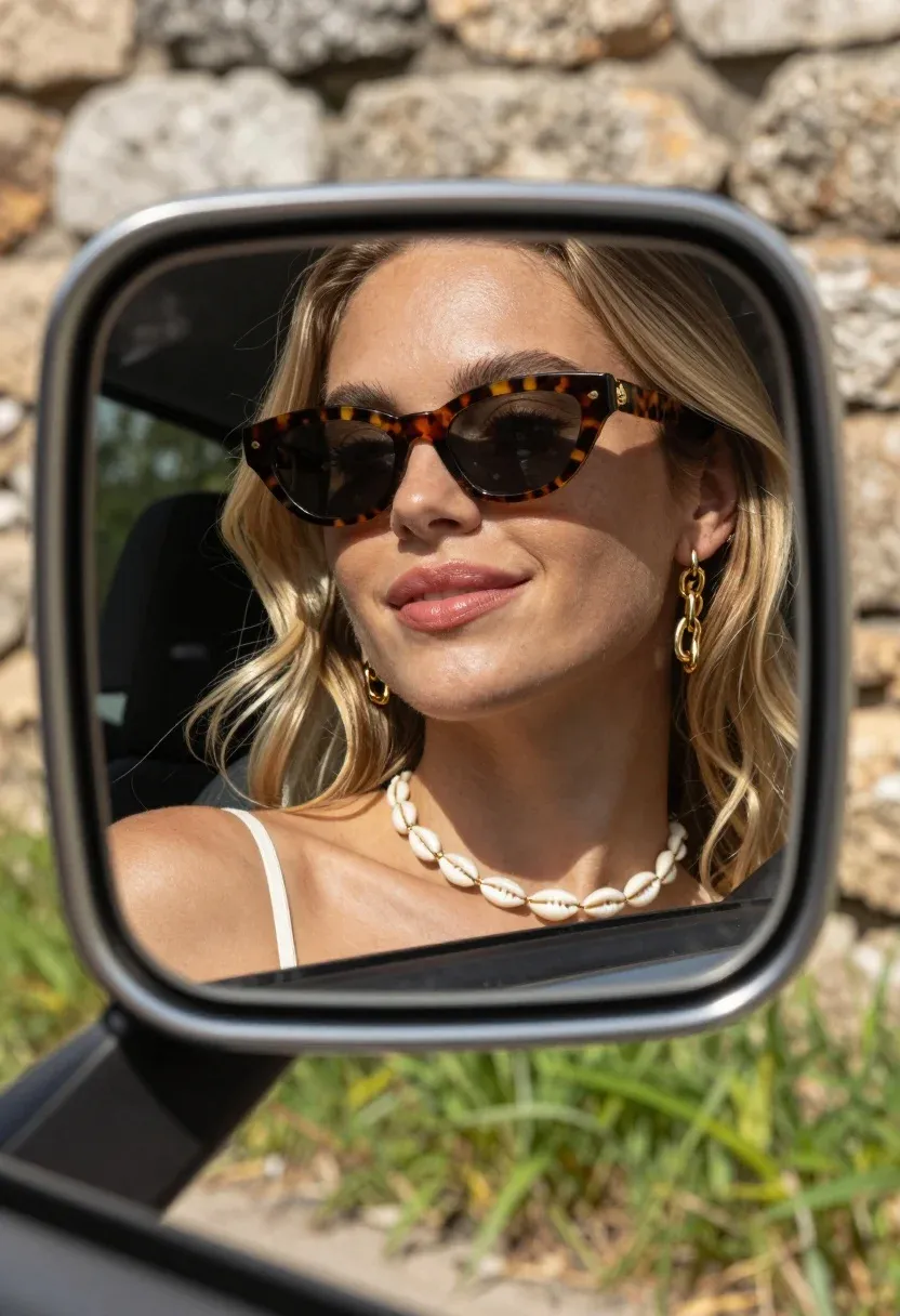 Close-up Reflection Woman Car Side-view Mirror Against Rustic Stone Wall