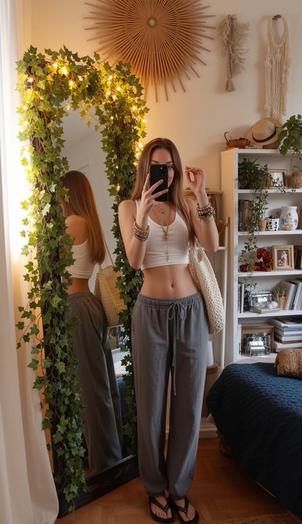 Cozy Bedroom Selfie Blonde Woman White Crop Top Straw Bag