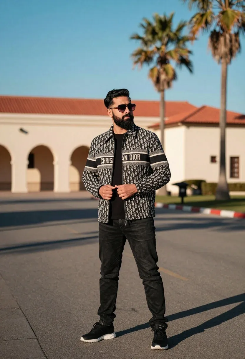 Stylish Man Stands Confidently Paved Road Outdoor Setting With Blurred