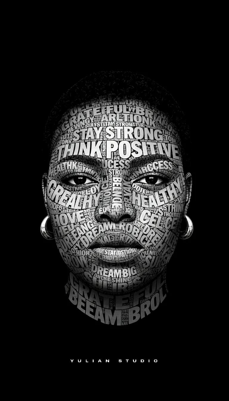 A hyper-detailed black and white portrait formed from motivational words like 'GRATEFUL' and 'STAY STRONG' on a dark background.