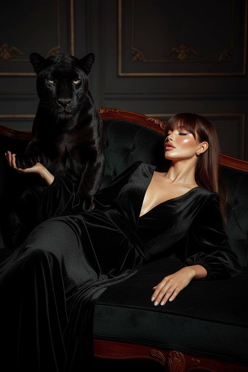 A woman reclining gracefully in a long velvet gown beside a panther, showcasing natural glam makeup and soft dramatic lighting.
