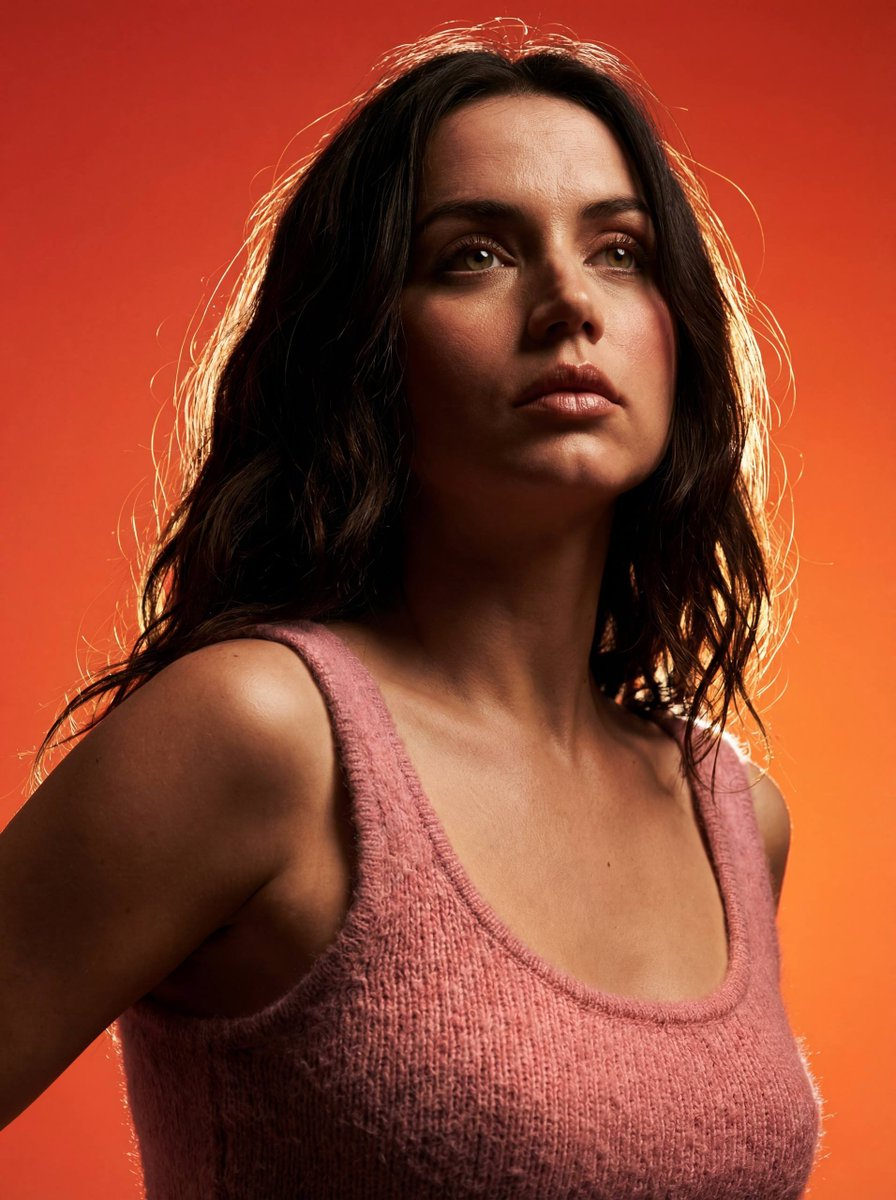 A serious portrait with dramatic shadows, showing intense facial structure against a saturated orange-red background.
